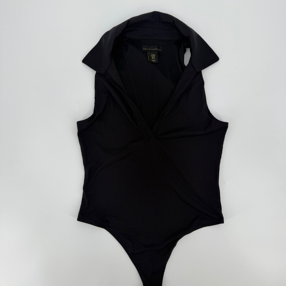 House of Harlow 1960 Black Ribbed Sleeveless V-Neck Collar Bodysuit Medium